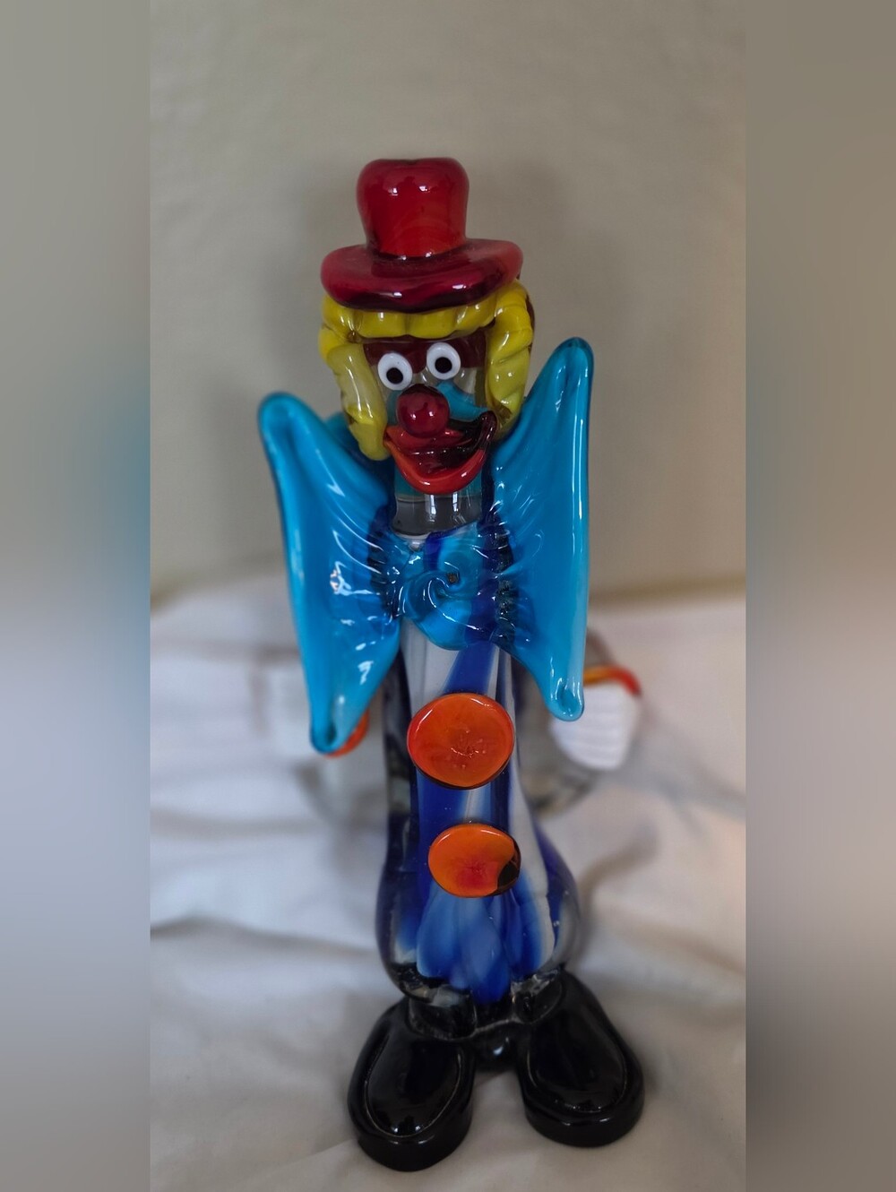 Murano 9 Inch Hand Blown Glass Clown Figurine in Blue, Yellow & Red